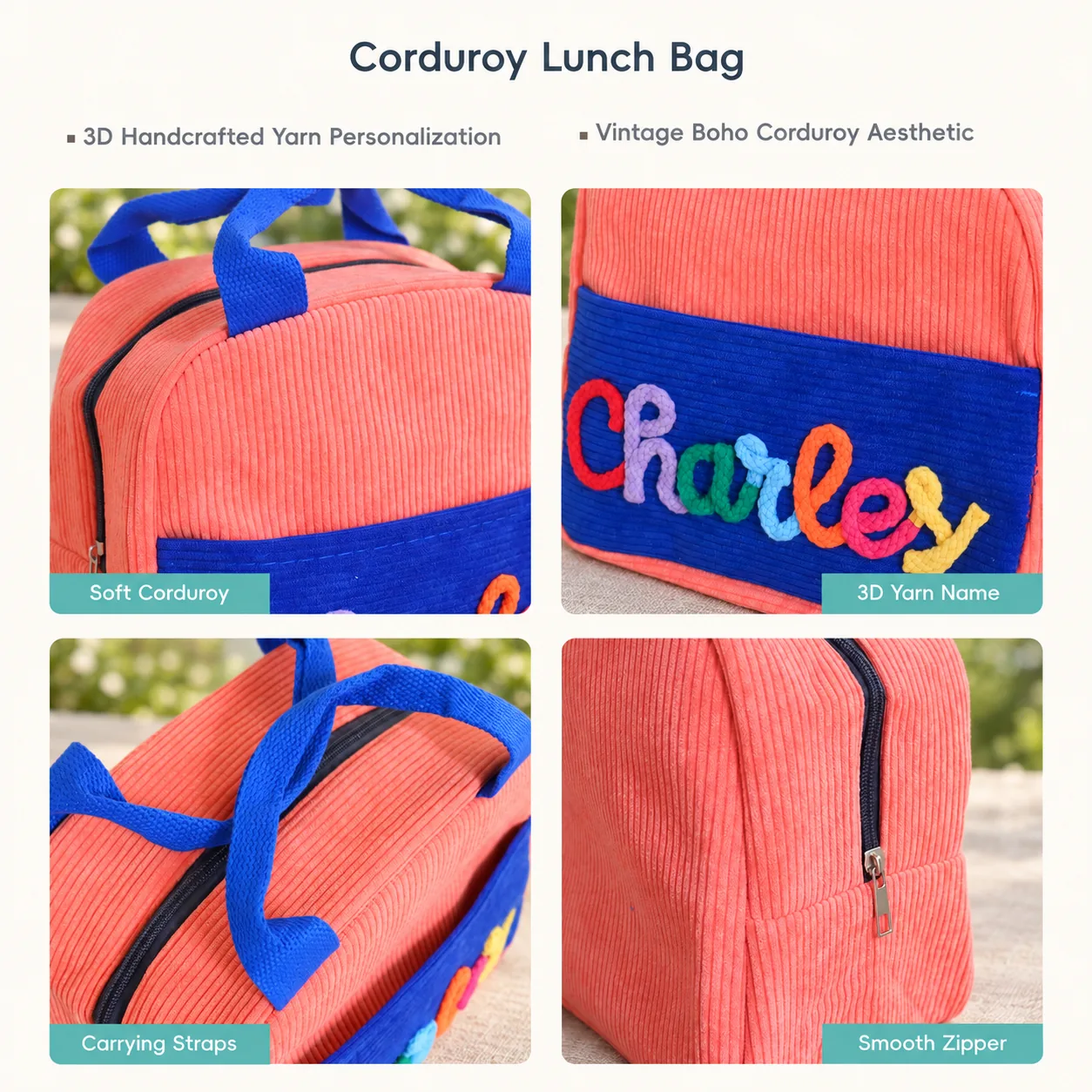 Corduroy lunch bag details: ribbed fabric, raised yarn name, blue carry handles and zipper.