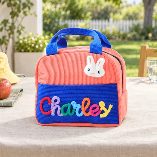 Personalized insulated corduroy lunch bag in coral and royal blue with raised yarn name lettering.