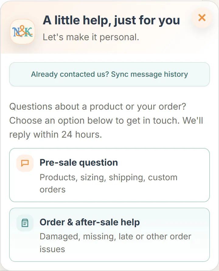 Current website chat menu with Pre-sale question and Order & after-sale help.