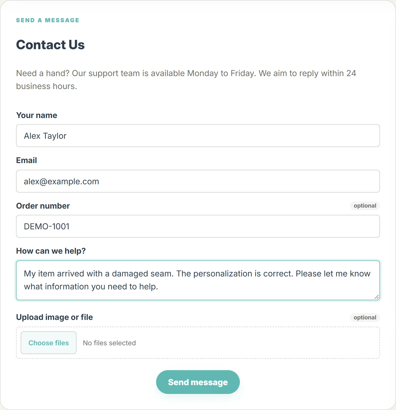 Current Contact Us form filled with a fictional name, email and order number.
