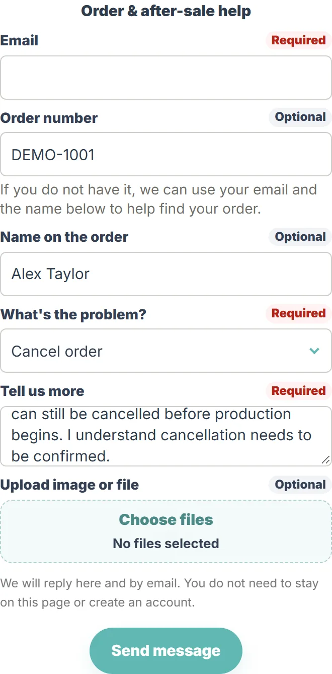 Current order-help form with Cancel order selected and a fictional order number.
