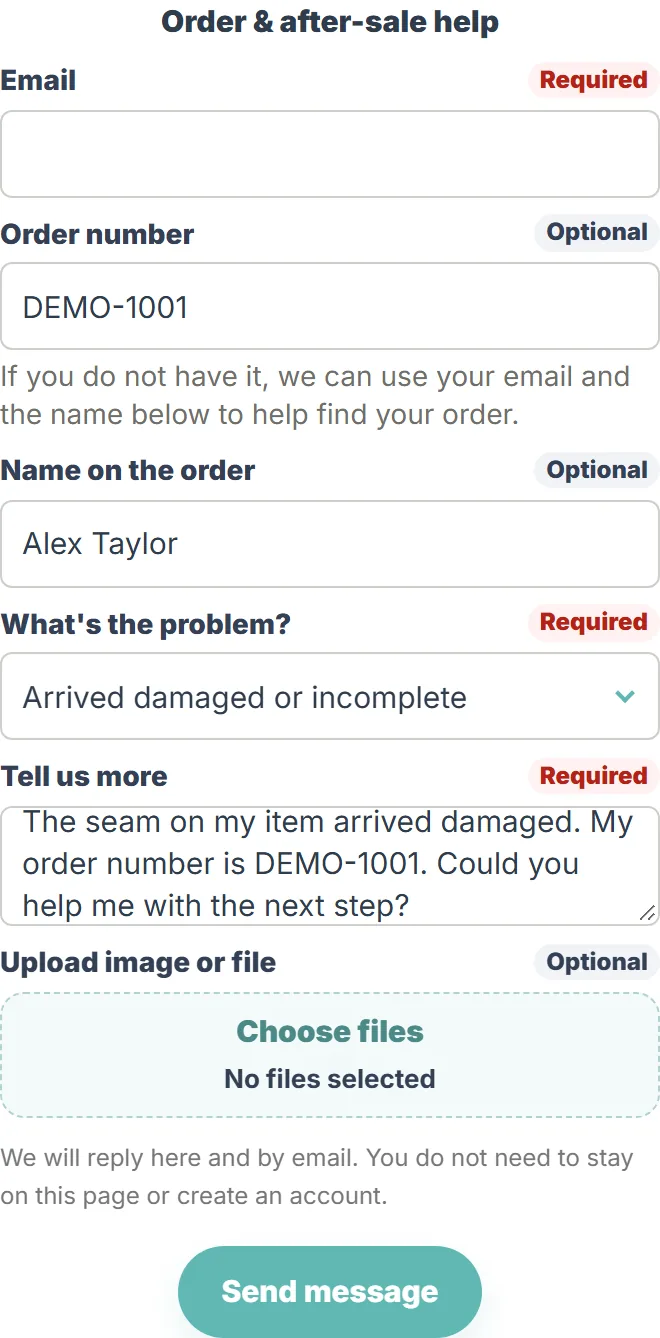 Current order-help form showing the problem type, order number, explanation and file upload.
