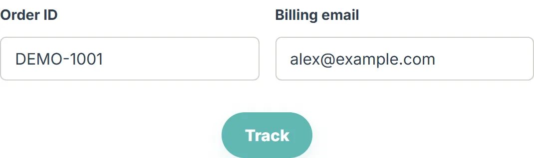 Current Track Order form with a fictional order number and checkout email.