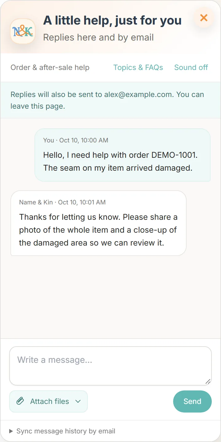 Current website chat with an illustrative order-help conversation and Attach files button.