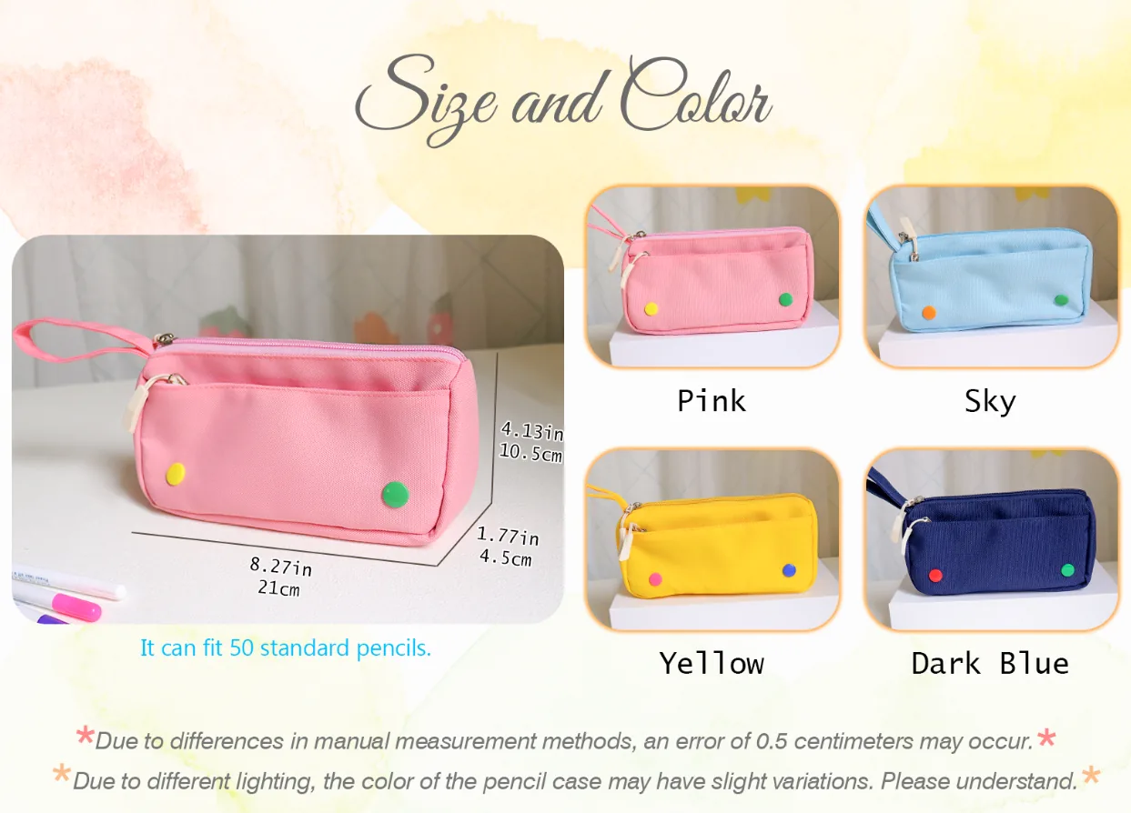 Pencil case size guide: 21 x 10.5 x 4.5 cm, with Pink, Sky, Yellow and Dark Blue color options